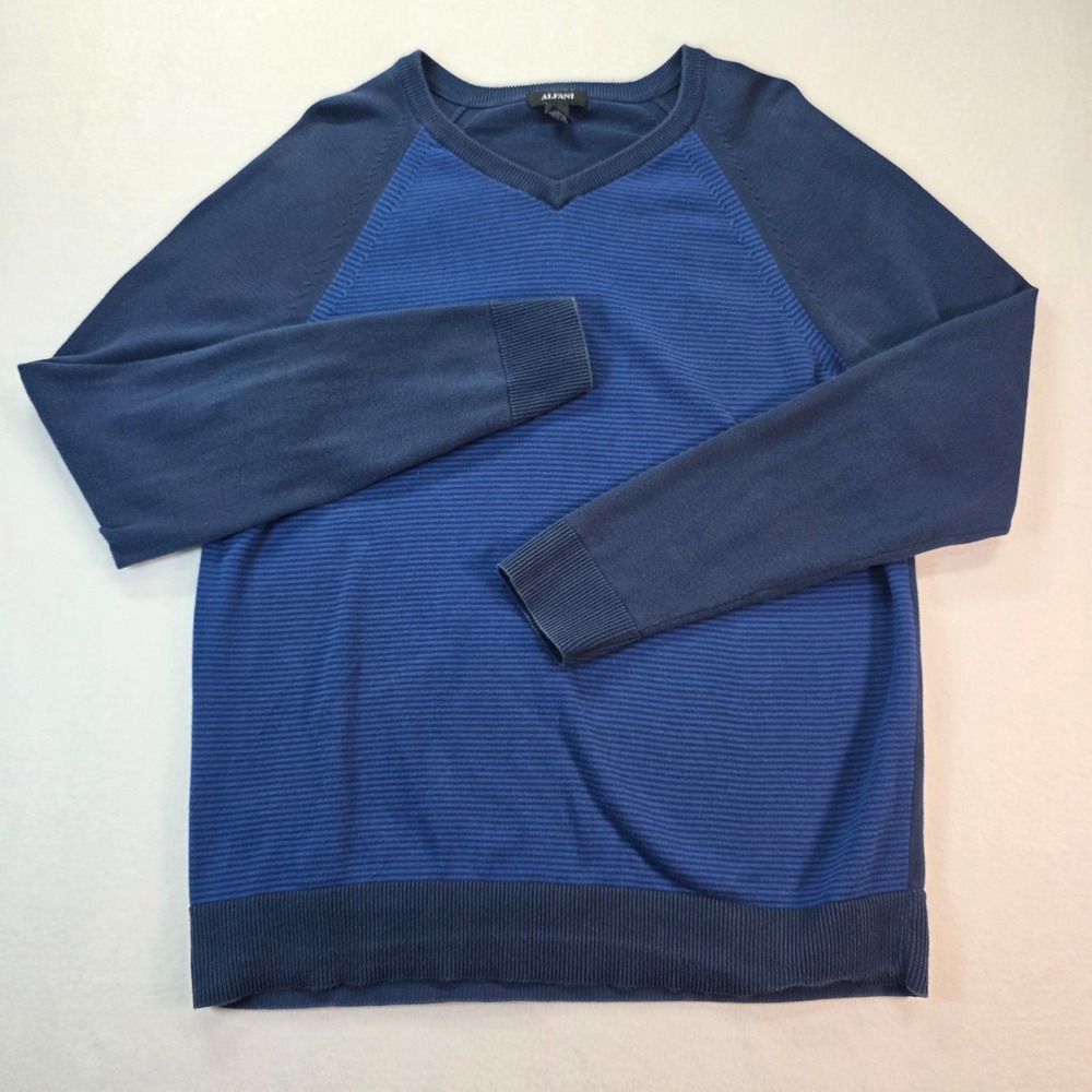 Alfani Men's Large Blue Raglan V-Neck‎ Pullover Sweater 100% Cotton